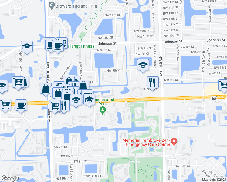 map of restaurants, bars, coffee shops, grocery stores, and more near 9610 Northwest 2nd Street in Pembroke Pines