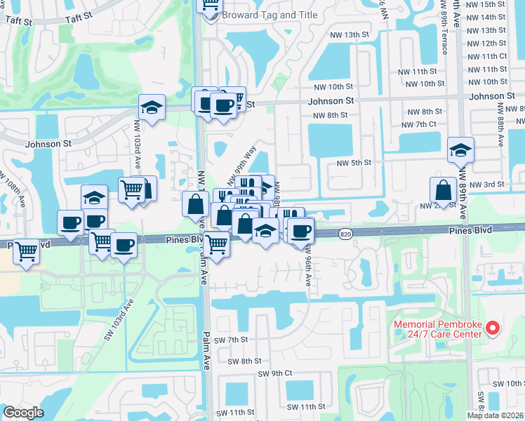 map of restaurants, bars, coffee shops, grocery stores, and more near 9865 Pines Boulevard in Pembroke Pines