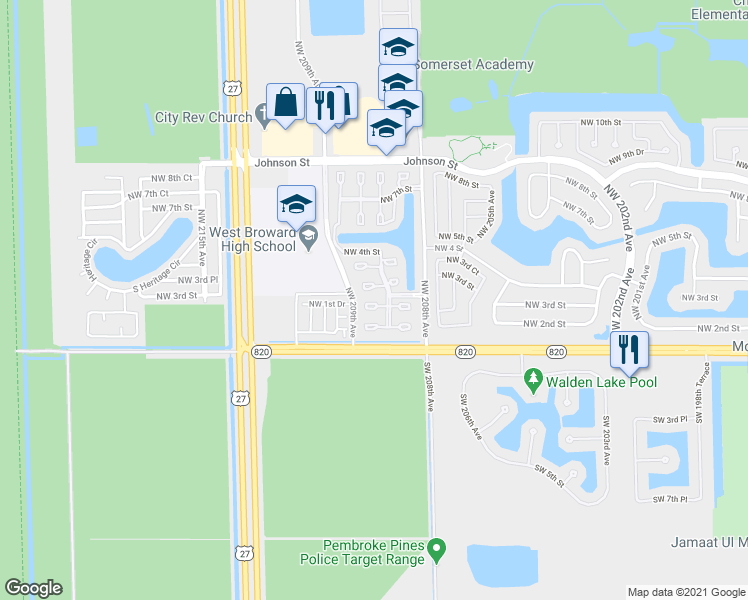 map of restaurants, bars, coffee shops, grocery stores, and more near 20848 Northwest 3rd Court in Pembroke Pines