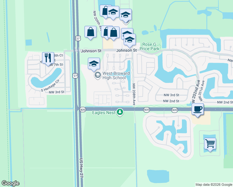 map of restaurants, bars, coffee shops, grocery stores, and more near 20848 Northwest 3rd Court in Pembroke Pines