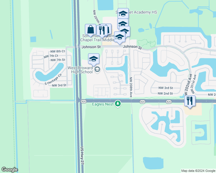 map of restaurants, bars, coffee shops, grocery stores, and more near 20919 NorthWest 1st Drive in Pembroke Pines
