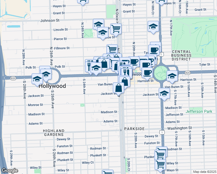 map of restaurants, bars, coffee shops, grocery stores, and more near 2150 Van Buren Street in Hollywood