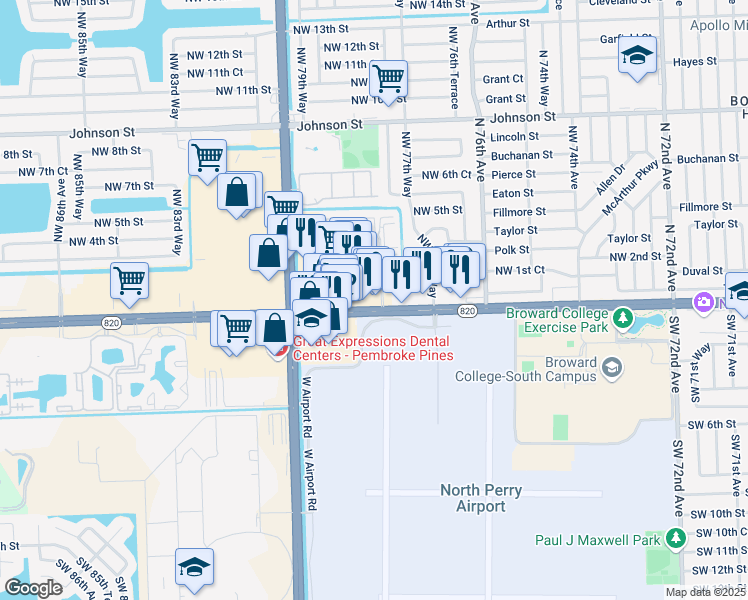 map of restaurants, bars, coffee shops, grocery stores, and more near 41 Northwest 78th Terrace in Pembroke Pines