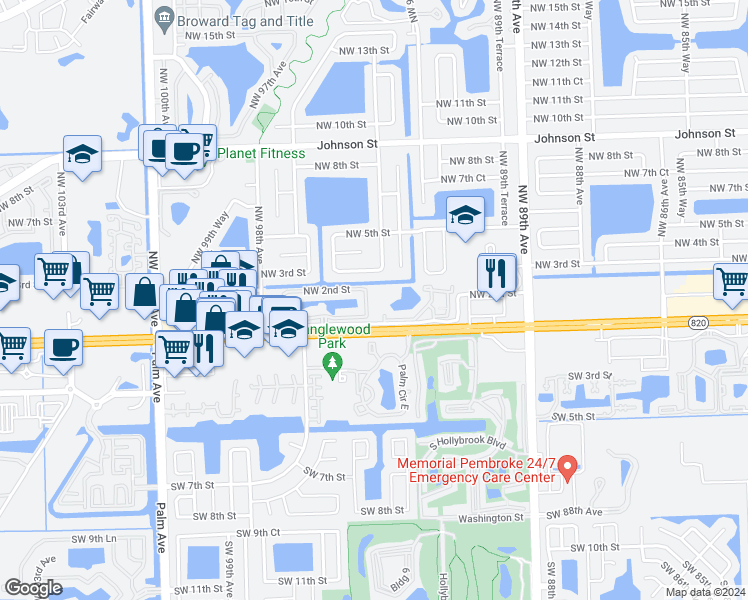 map of restaurants, bars, coffee shops, grocery stores, and more near 128 Northwest 93rd Avenue in Pembroke Pines