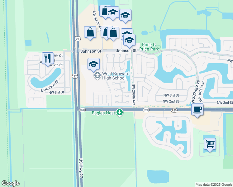 map of restaurants, bars, coffee shops, grocery stores, and more near 20848 Northwest 3rd Court in Pembroke Pines