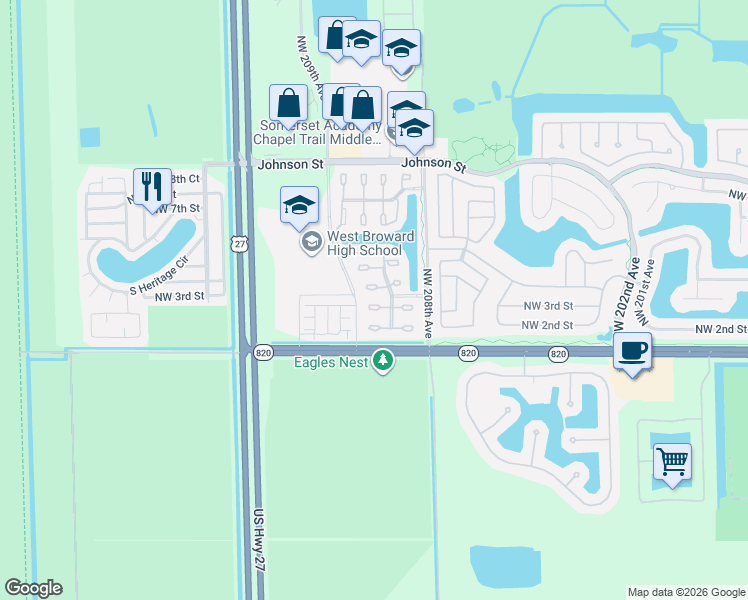 map of restaurants, bars, coffee shops, grocery stores, and more near 20848 Northwest 3rd Court in Pembroke Pines