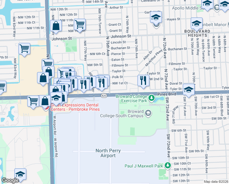 map of restaurants, bars, coffee shops, grocery stores, and more near 7550 Northwest 1st Street in Pembroke Pines