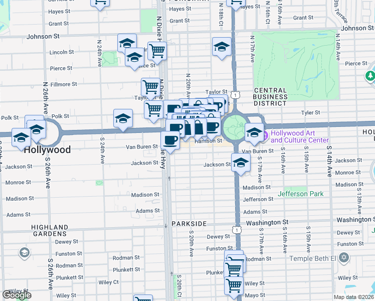 map of restaurants, bars, coffee shops, grocery stores, and more near 1940 Harrison Street in Hollywood
