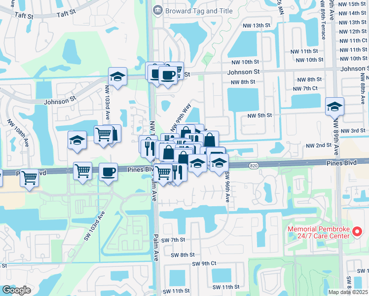 map of restaurants, bars, coffee shops, grocery stores, and more near 9953 Northwest 2nd Street in Pembroke Pines