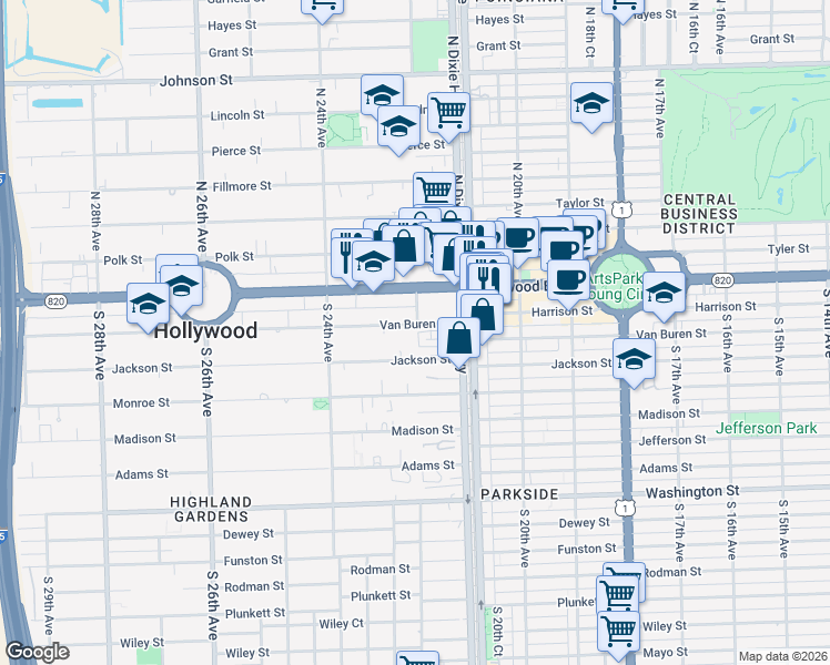 map of restaurants, bars, coffee shops, grocery stores, and more near 2150 Van Buren Street in Hollywood