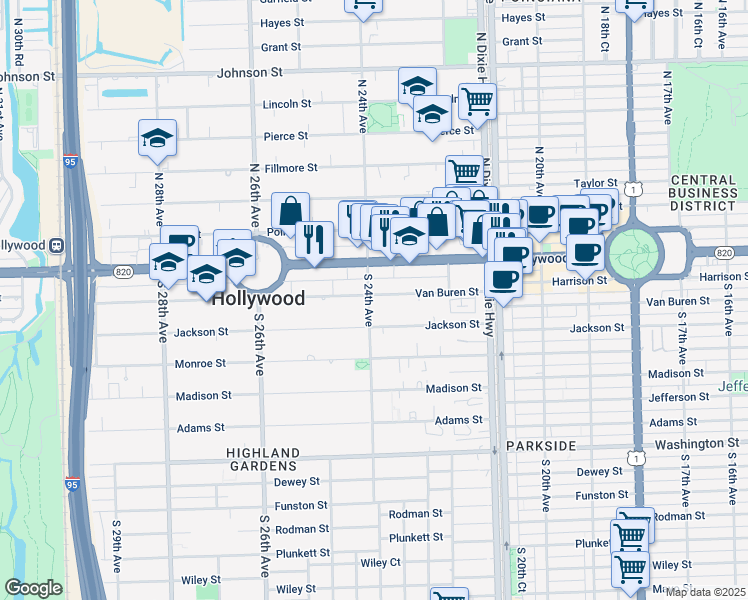 map of restaurants, bars, coffee shops, grocery stores, and more near 307 South 24th Avenue in Hollywood