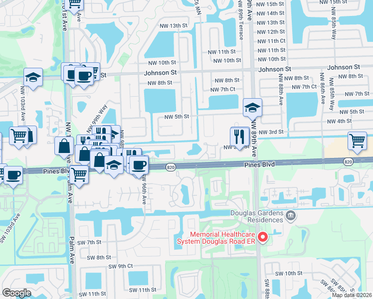 map of restaurants, bars, coffee shops, grocery stores, and more near 157 Northwest 93rd Avenue in Pembroke Pines