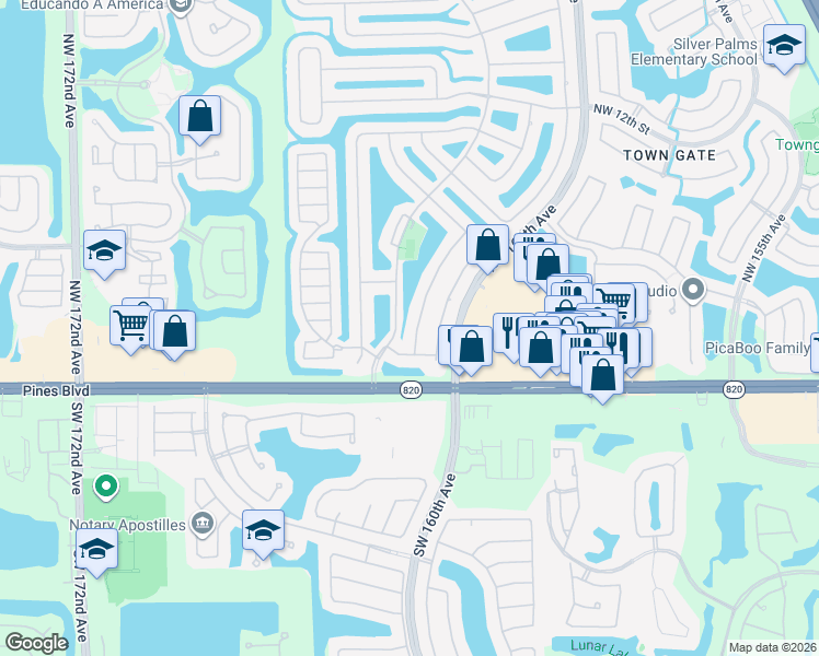map of restaurants, bars, coffee shops, grocery stores, and more near 192 Northwest 162nd Avenue in Pembroke Pines