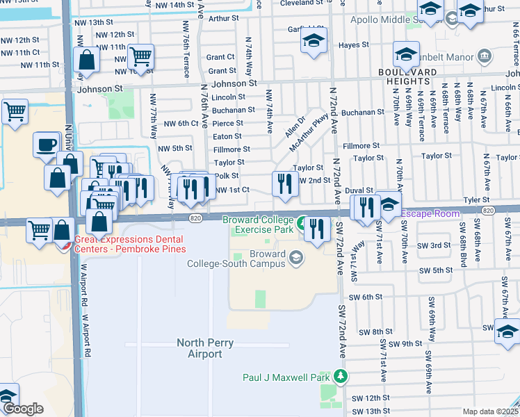 map of restaurants, bars, coffee shops, grocery stores, and more near 7401 Pines Boulevard in Pembroke Pines