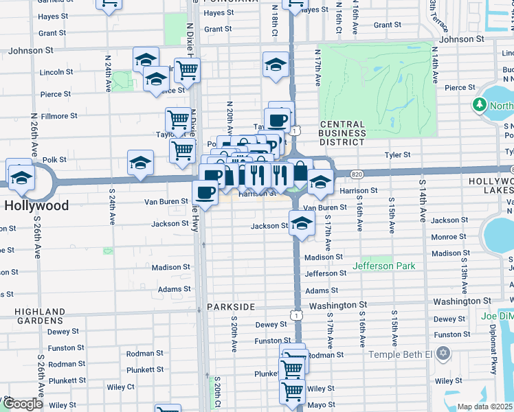 map of restaurants, bars, coffee shops, grocery stores, and more near 1900 Harrison Street in Hollywood