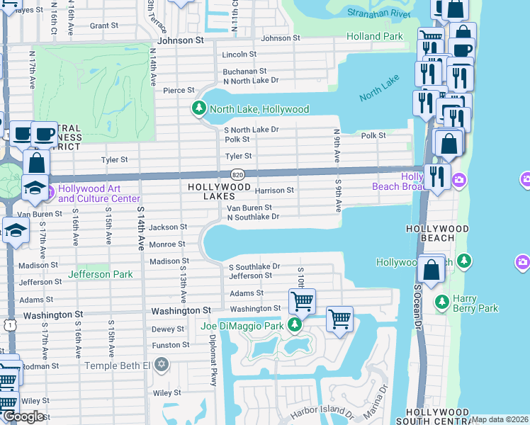 map of restaurants, bars, coffee shops, grocery stores, and more near 1045 North Southlake Drive in Hollywood