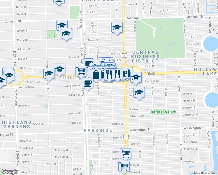 map of restaurants, bars, coffee shops, grocery stores, and more near 1900 Harrison Street in Hollywood