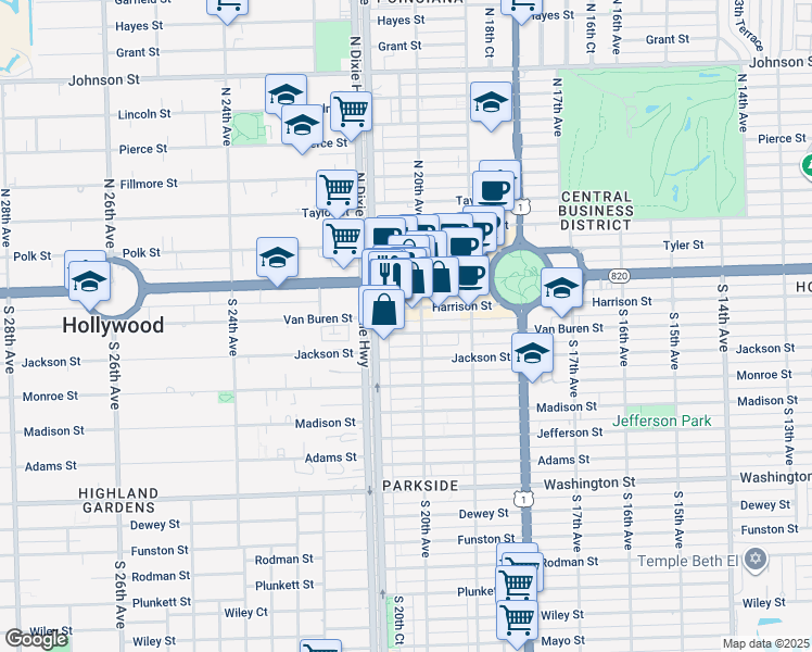 map of restaurants, bars, coffee shops, grocery stores, and more near 2035 Van Buren Street in Hollywood