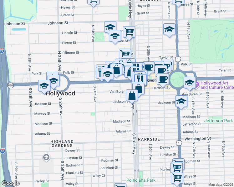 map of restaurants, bars, coffee shops, grocery stores, and more near 2150 Van Buren Street in Hollywood