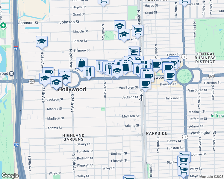 map of restaurants, bars, coffee shops, grocery stores, and more near 307 South 24th Avenue in Hollywood