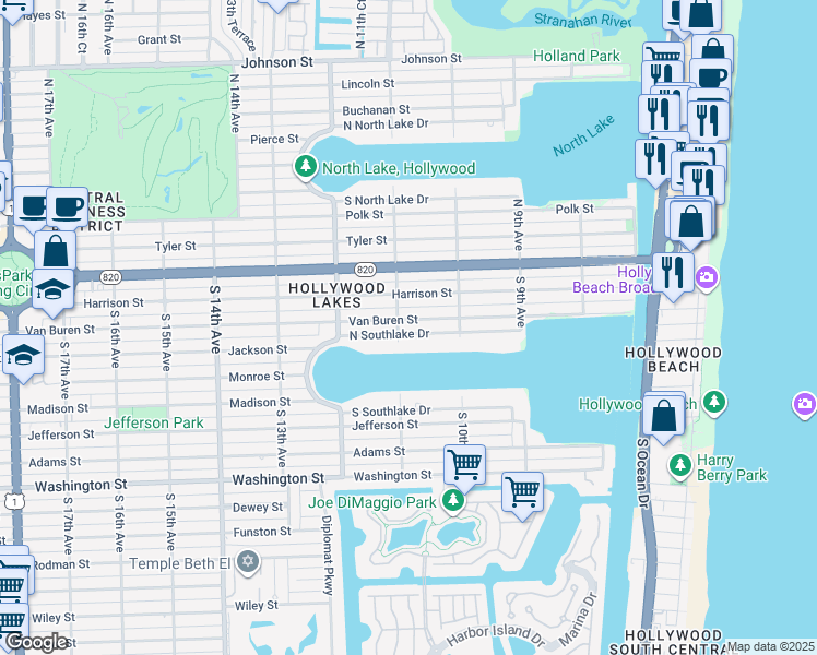 map of restaurants, bars, coffee shops, grocery stores, and more near 1045 North Southlake Drive in Hollywood