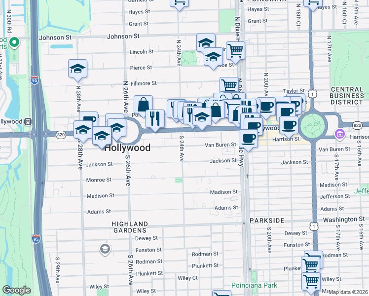 map of restaurants, bars, coffee shops, grocery stores, and more near 307 South 24th Avenue in Hollywood