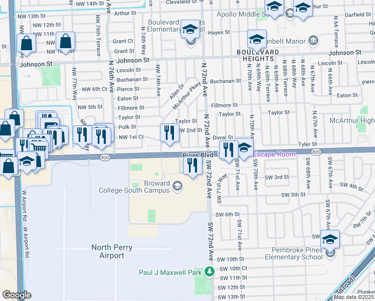 map of restaurants, bars, coffee shops, grocery stores, and more near 7270 Northwest 1st Street in Pembroke Pines