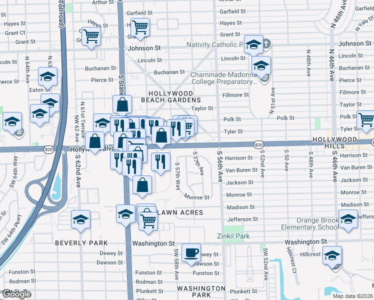 map of restaurants, bars, coffee shops, grocery stores, and more near 5706 Hollywood Boulevard in Hollywood