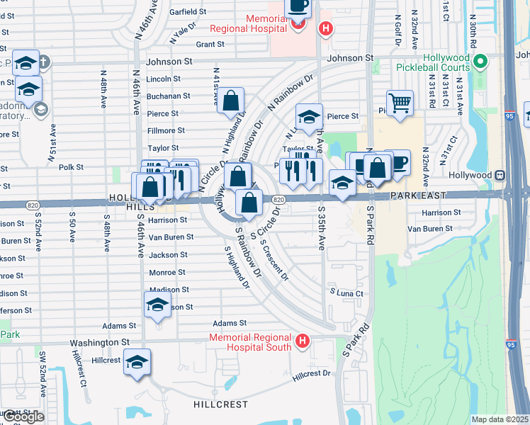 map of restaurants, bars, coffee shops, grocery stores, and more near 3816 South Academy Circle in Hollywood