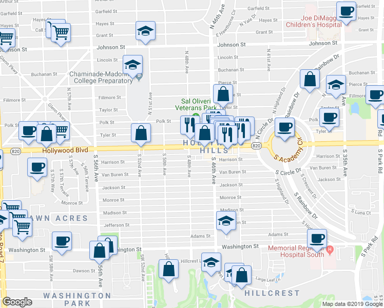 map of restaurants, bars, coffee shops, grocery stores, and more near 4770 Hollywood Boulevard in Hollywood