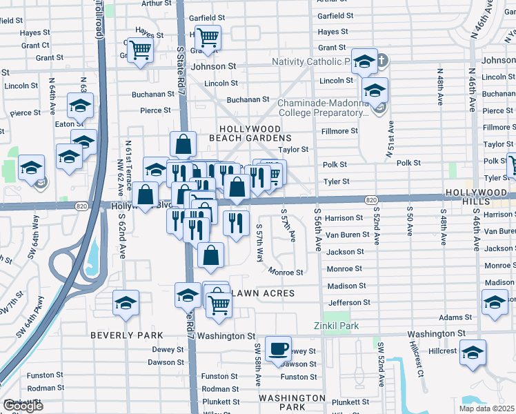 map of restaurants, bars, coffee shops, grocery stores, and more near 5740 Hollywood Boulevard in Hollywood