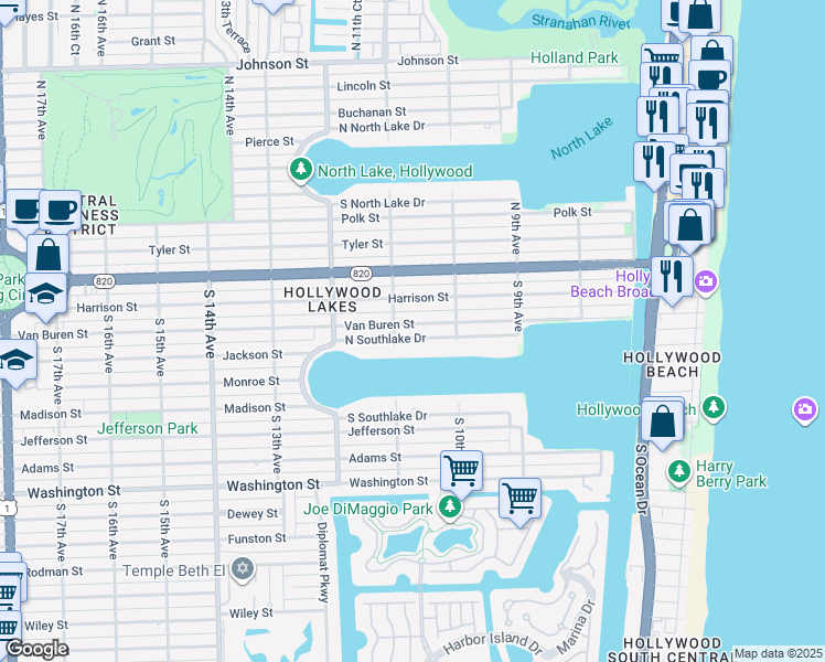 map of restaurants, bars, coffee shops, grocery stores, and more near 1045 North Southlake Drive in Hollywood