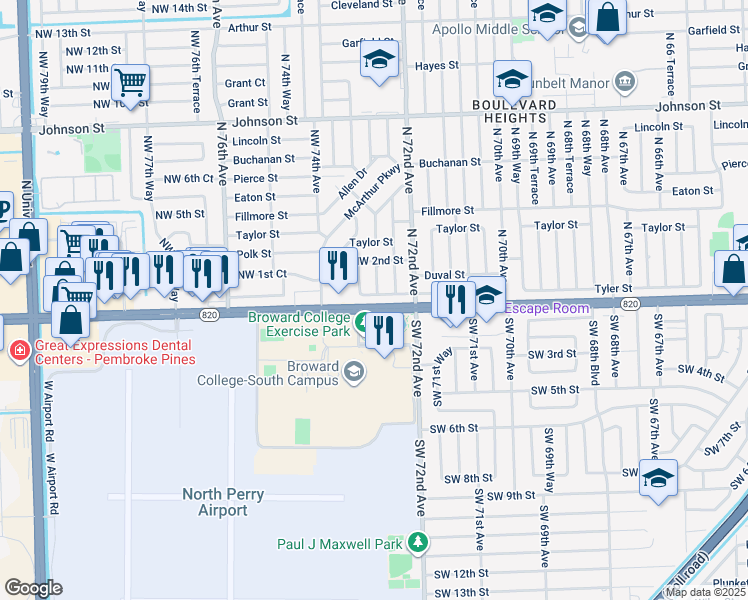map of restaurants, bars, coffee shops, grocery stores, and more near 7270 Northwest 1st Street in Pembroke Pines
