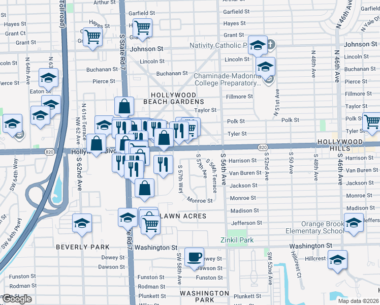 map of restaurants, bars, coffee shops, grocery stores, and more near 5706 Hollywood Boulevard in Hollywood