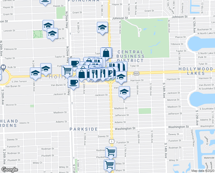 map of restaurants, bars, coffee shops, grocery stores, and more near 210 South Federal Highway in Hollywood