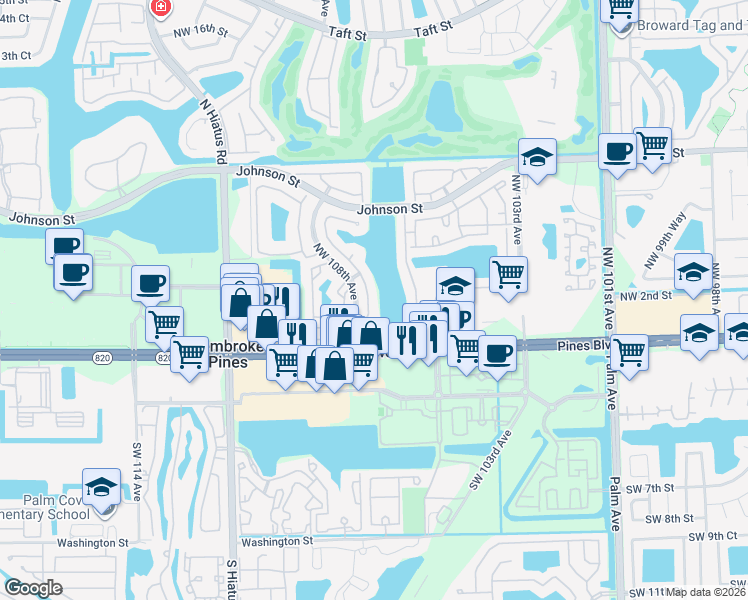 map of restaurants, bars, coffee shops, grocery stores, and more near 246 Northwest 107th Avenue in Pembroke Pines