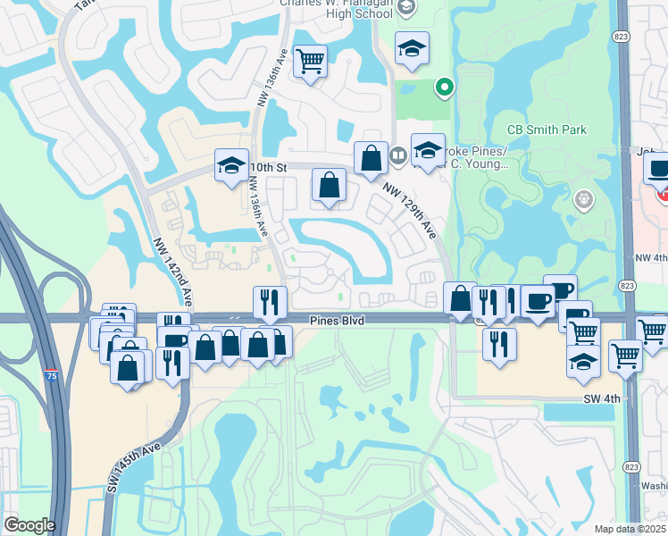 map of restaurants, bars, coffee shops, grocery stores, and more near 13401 Northwest 5th Court in Pembroke Pines