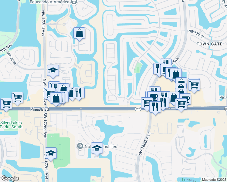 map of restaurants, bars, coffee shops, grocery stores, and more near 16534 Northwest 3rd Street in Pembroke Pines