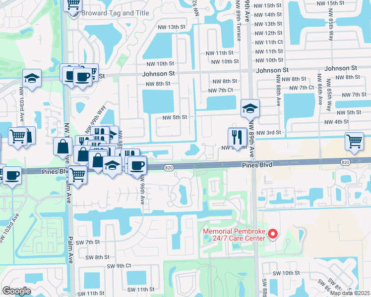 map of restaurants, bars, coffee shops, grocery stores, and more near 157 Northwest 93rd Avenue in Pembroke Pines