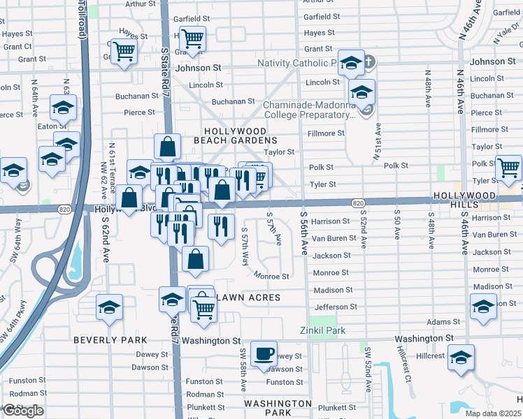 map of restaurants, bars, coffee shops, grocery stores, and more near 5706 Hollywood Boulevard in Hollywood
