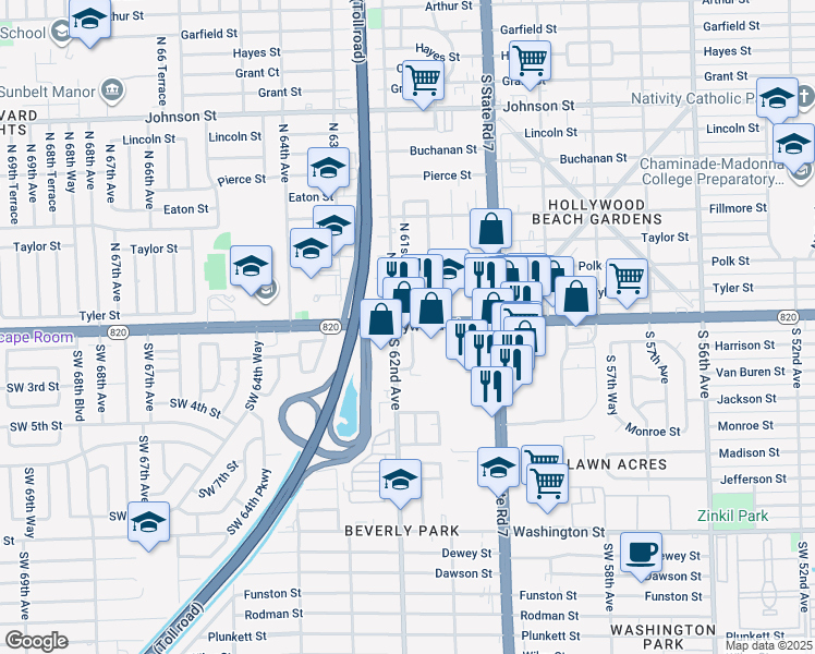 map of restaurants, bars, coffee shops, grocery stores, and more near in Hollywood