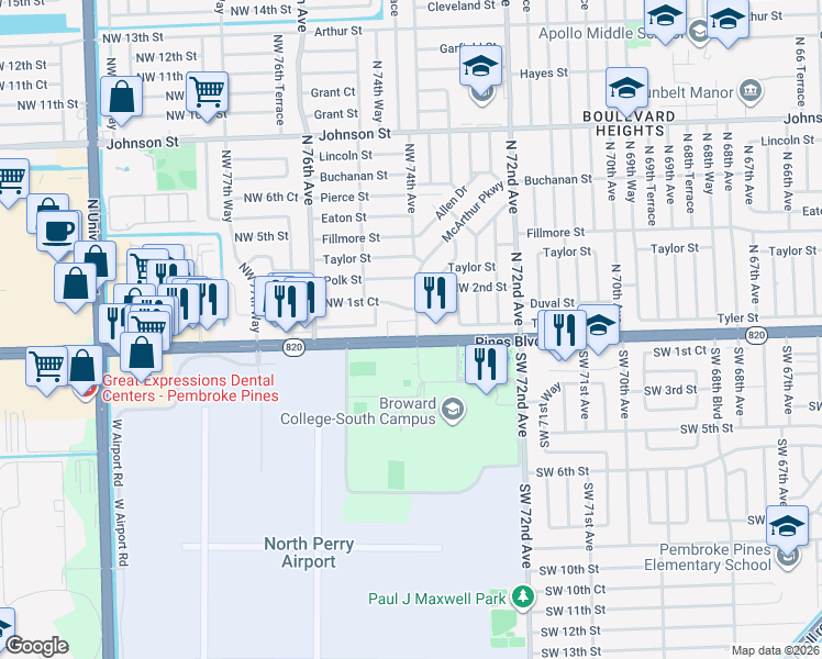 map of restaurants, bars, coffee shops, grocery stores, and more near 7401 Pines Boulevard in Pembroke Pines