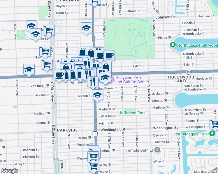 map of restaurants, bars, coffee shops, grocery stores, and more near 1647 Van Buren Street in Hollywood