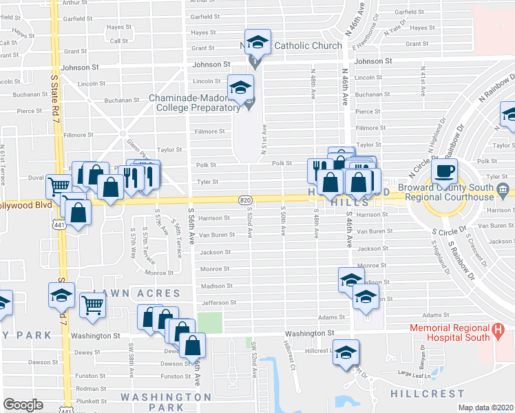 map of restaurants, bars, coffee shops, grocery stores, and more near 2 South 52nd Avenue in Hollywood