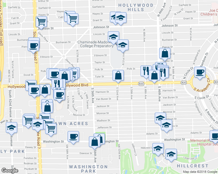 map of restaurants, bars, coffee shops, grocery stores, and more near 5400 Hollywood Boulevard in Hollywood