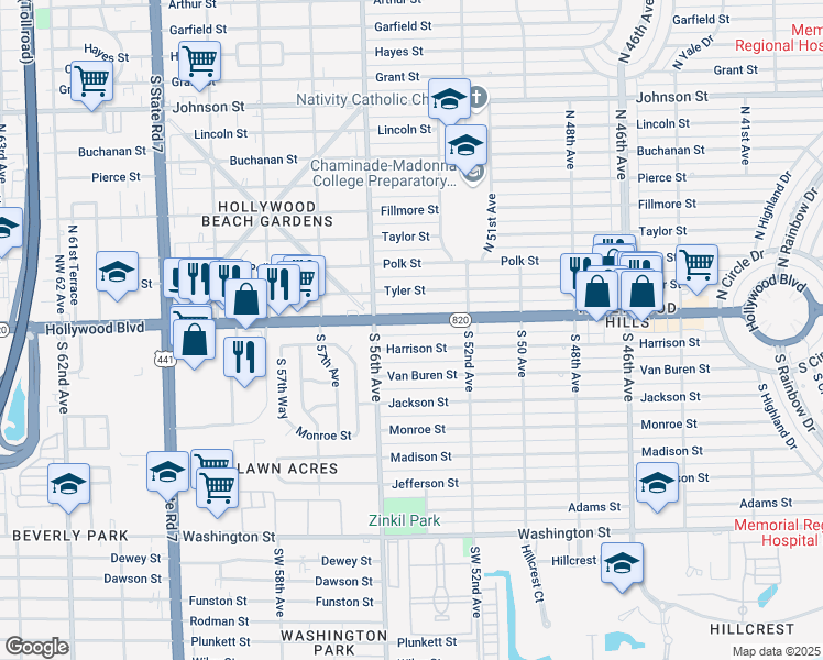 map of restaurants, bars, coffee shops, grocery stores, and more near 5400 Hollywood Boulevard in Hollywood