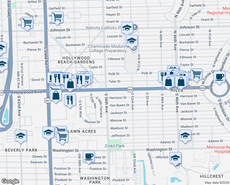 map of restaurants, bars, coffee shops, grocery stores, and more near 5400 Hollywood Boulevard in Hollywood