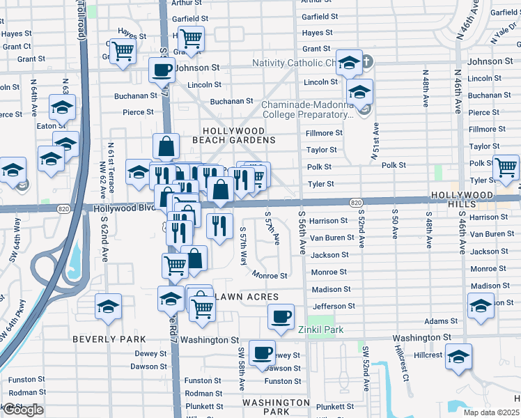 map of restaurants, bars, coffee shops, grocery stores, and more near 5706 Hollywood Boulevard in Hollywood