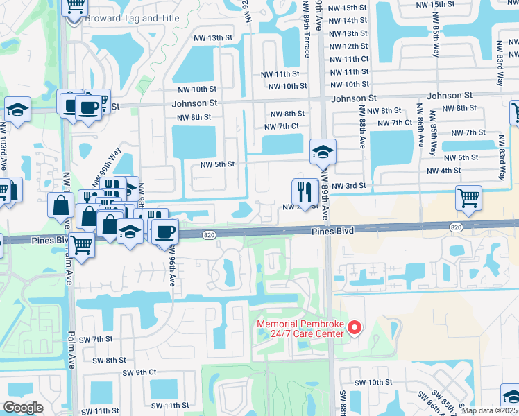 map of restaurants, bars, coffee shops, grocery stores, and more near 154 Northwest 92nd Avenue in Pembroke Pines