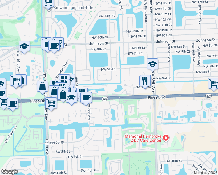 map of restaurants, bars, coffee shops, grocery stores, and more near 9610 Northwest 2nd Street in Pembroke Pines